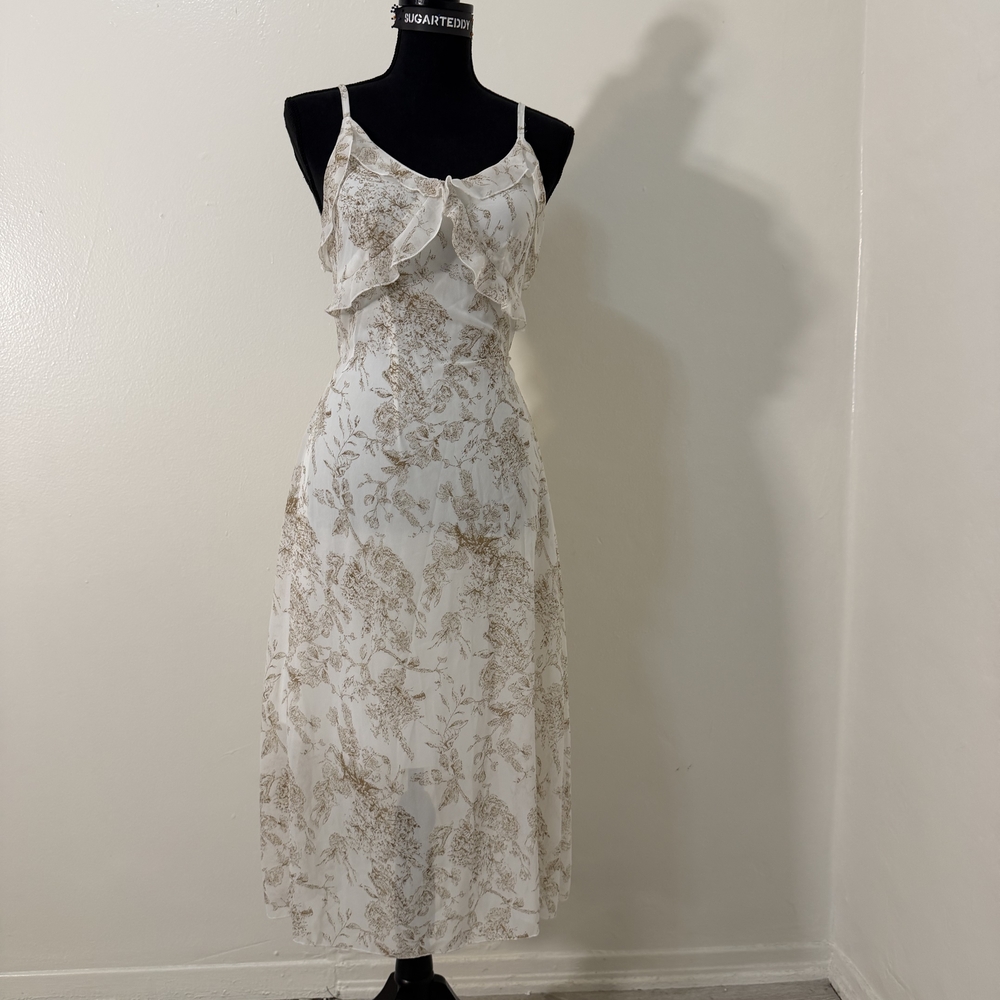 Cream Floral Midi Slip Dress with Ruffle Bodice